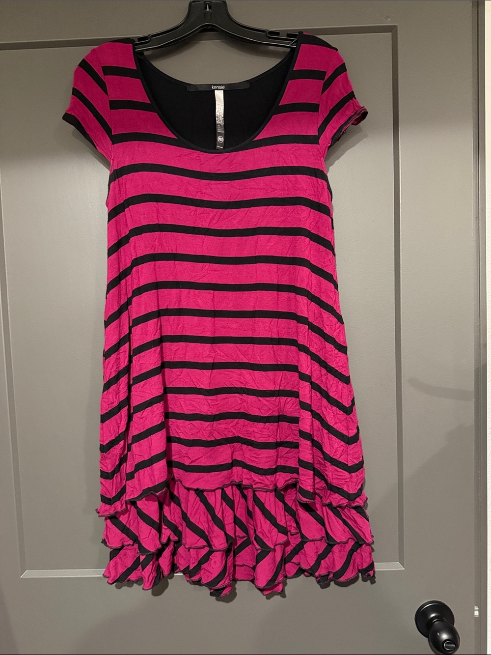Kensie Hot Pink and Black Striped Ruffle-Hem Mini Dress